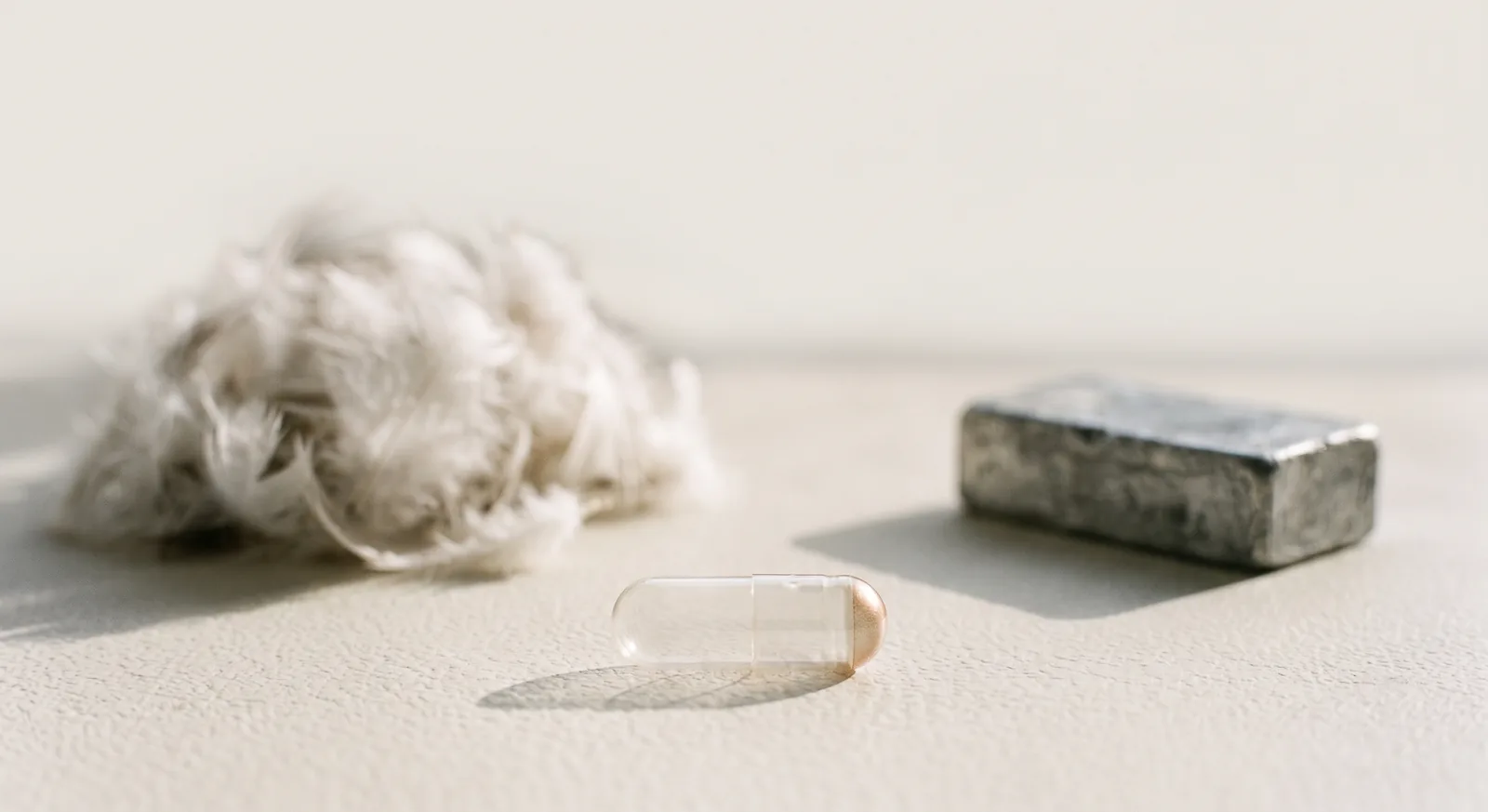 White feathers, a small lump of grey lead, and an empty capsule on the same surface.