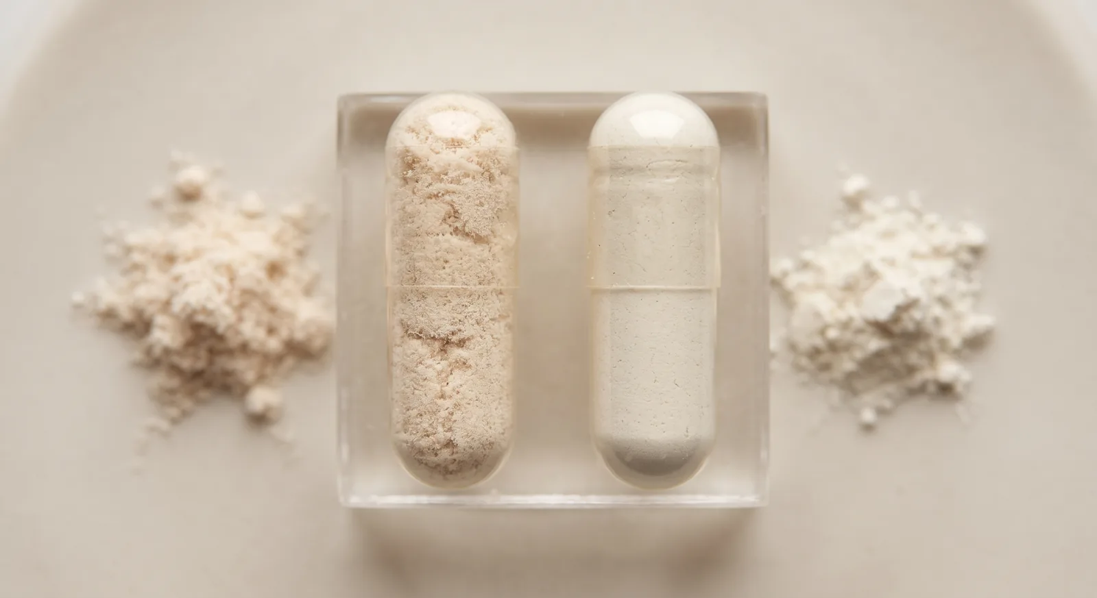 Two open capsule bodies of the same size filled with different powders, with a small heap beside each.