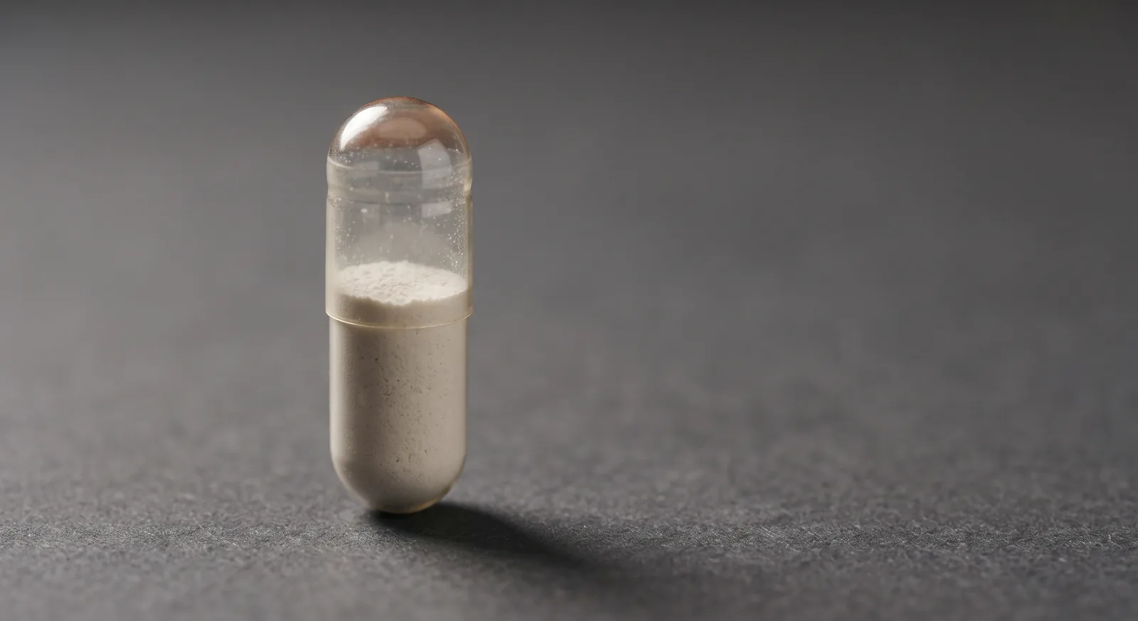 A clear capsule standing upright, with powder settled below the cap and a visible air gap.