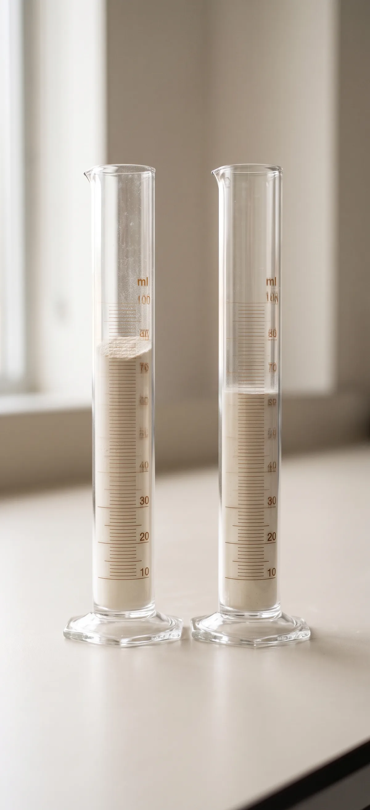 Two identical graduated cylinders with the same powder, loosely poured at a higher level and tapped to a lower level.