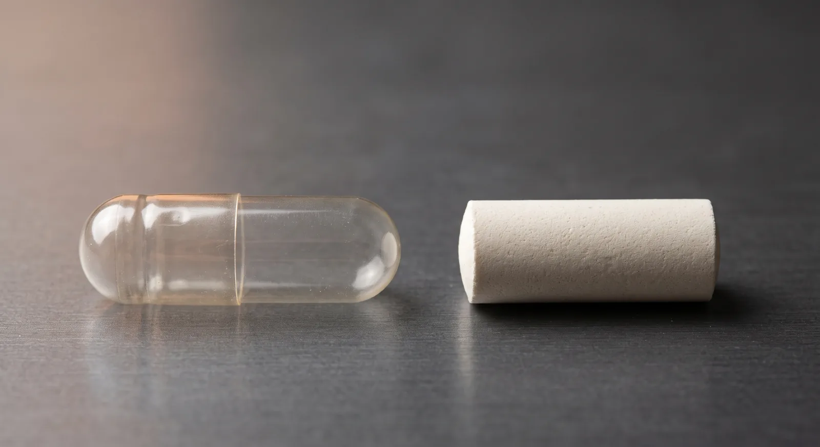 A cylinder of compressed powder beside a closed empty capsule, showing what a powder slug looks like.