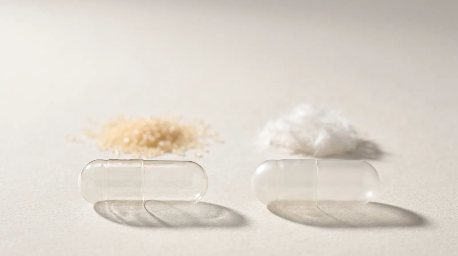 Two empty capsules beside gelatin and cellulose materials.