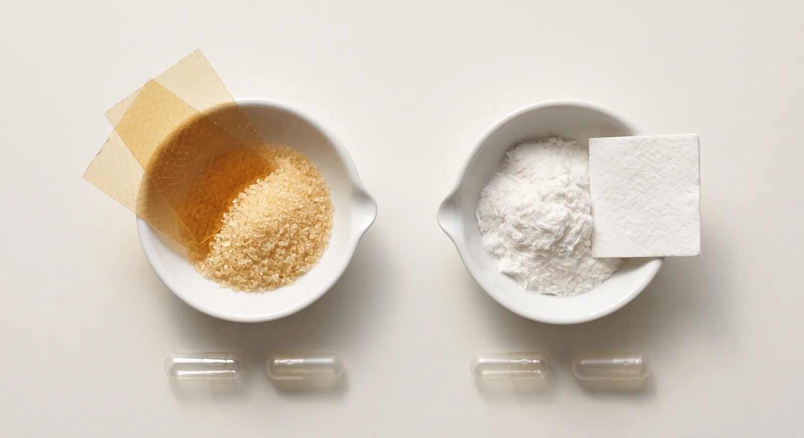 Gelatin granules and sheets beside cellulose fibres and a pulp sheet.