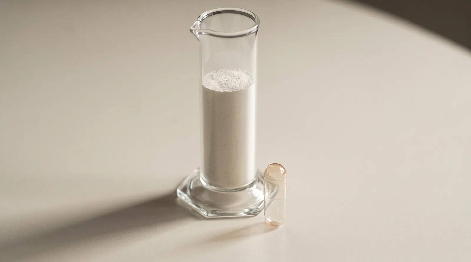 A glass graduated cylinder holding powder, with a single closed clear capsule standing in front of it.