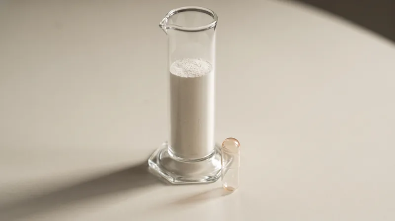 A glass graduated cylinder holding powder, with a single closed clear capsule standing in front of it.