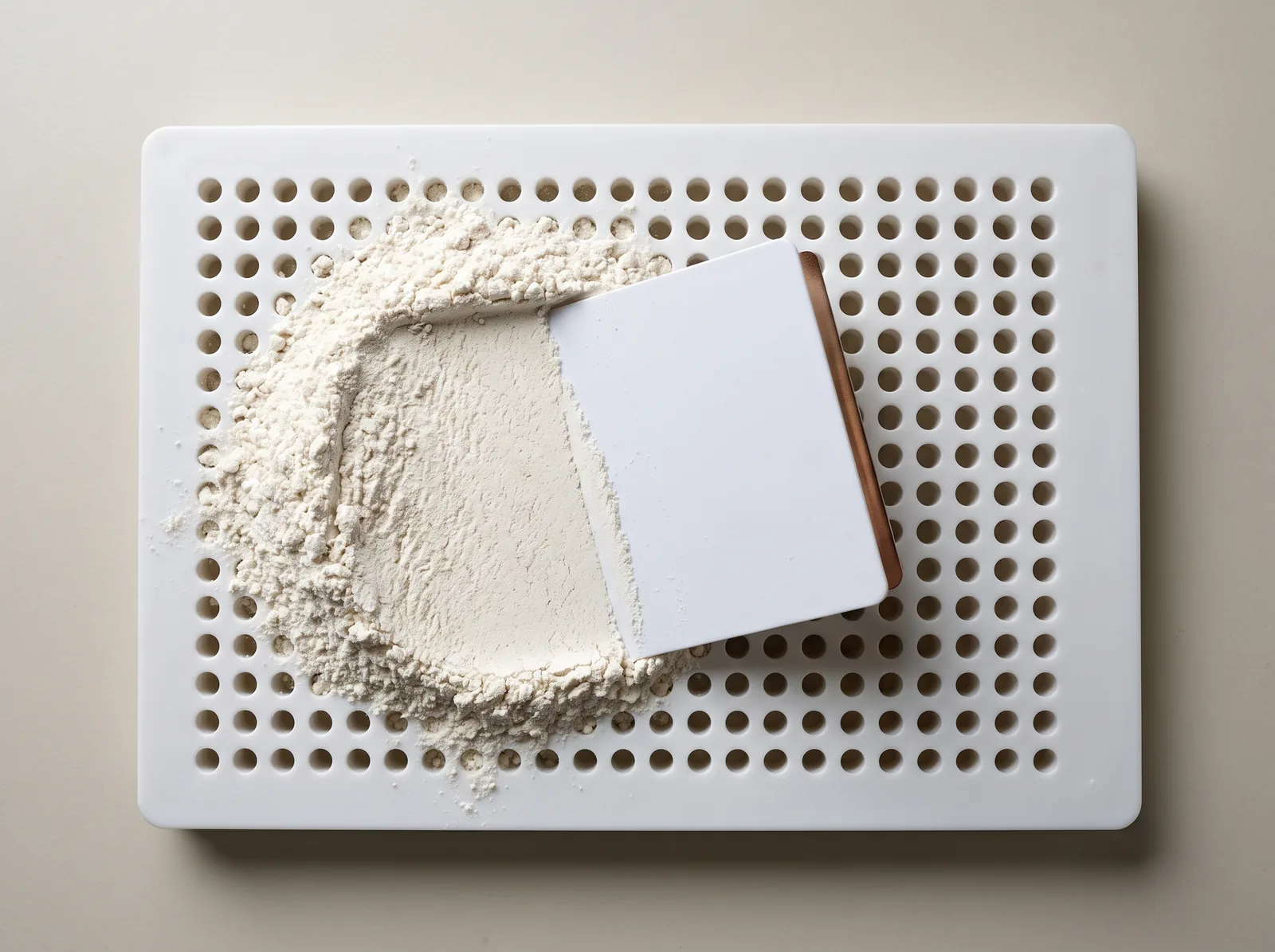 Powder being swept across a plain hand-filling plate with a flat spreader.