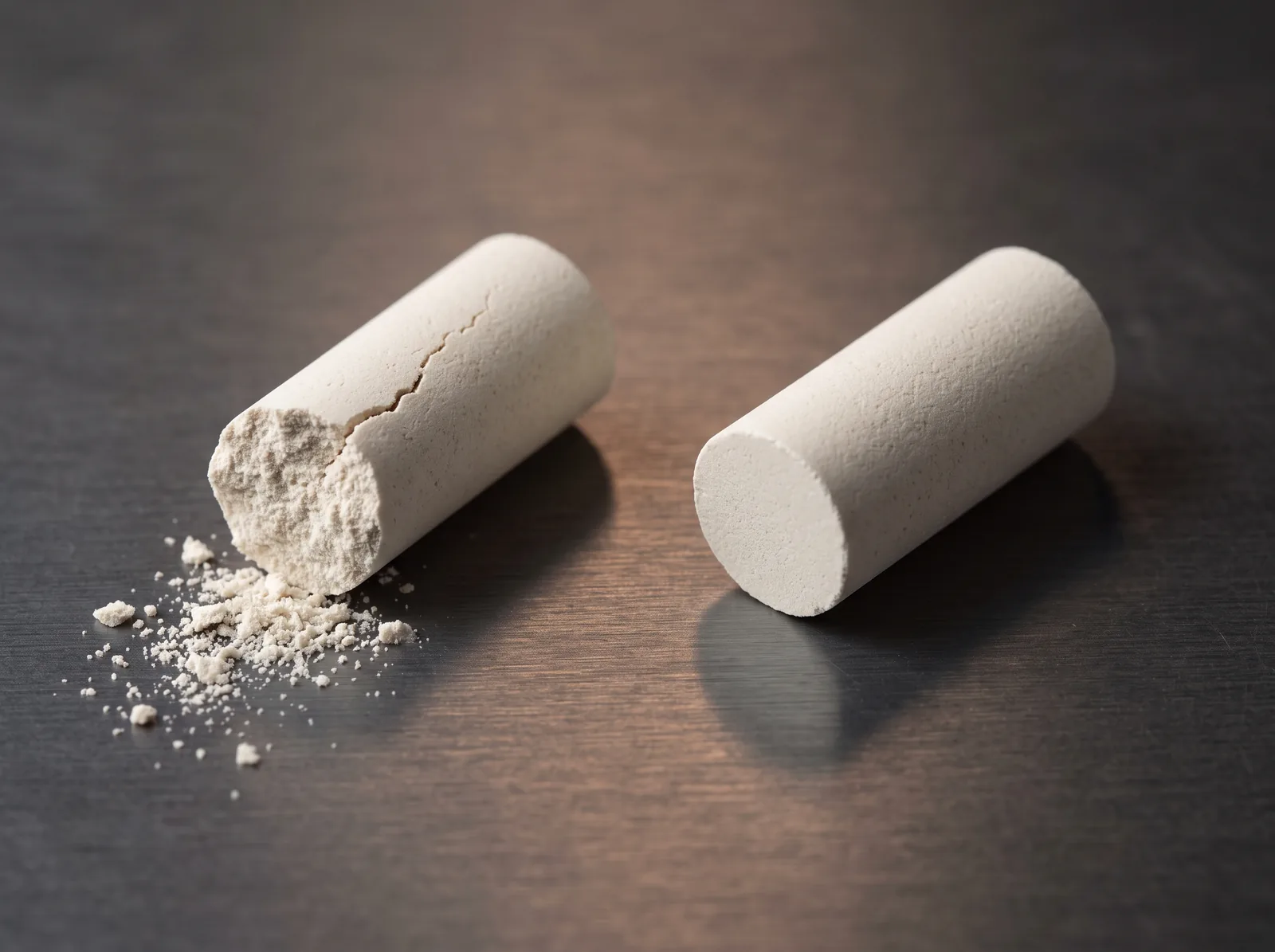 Two cylinders of pressed powder, one intact and one crumbled with loose powder around it.