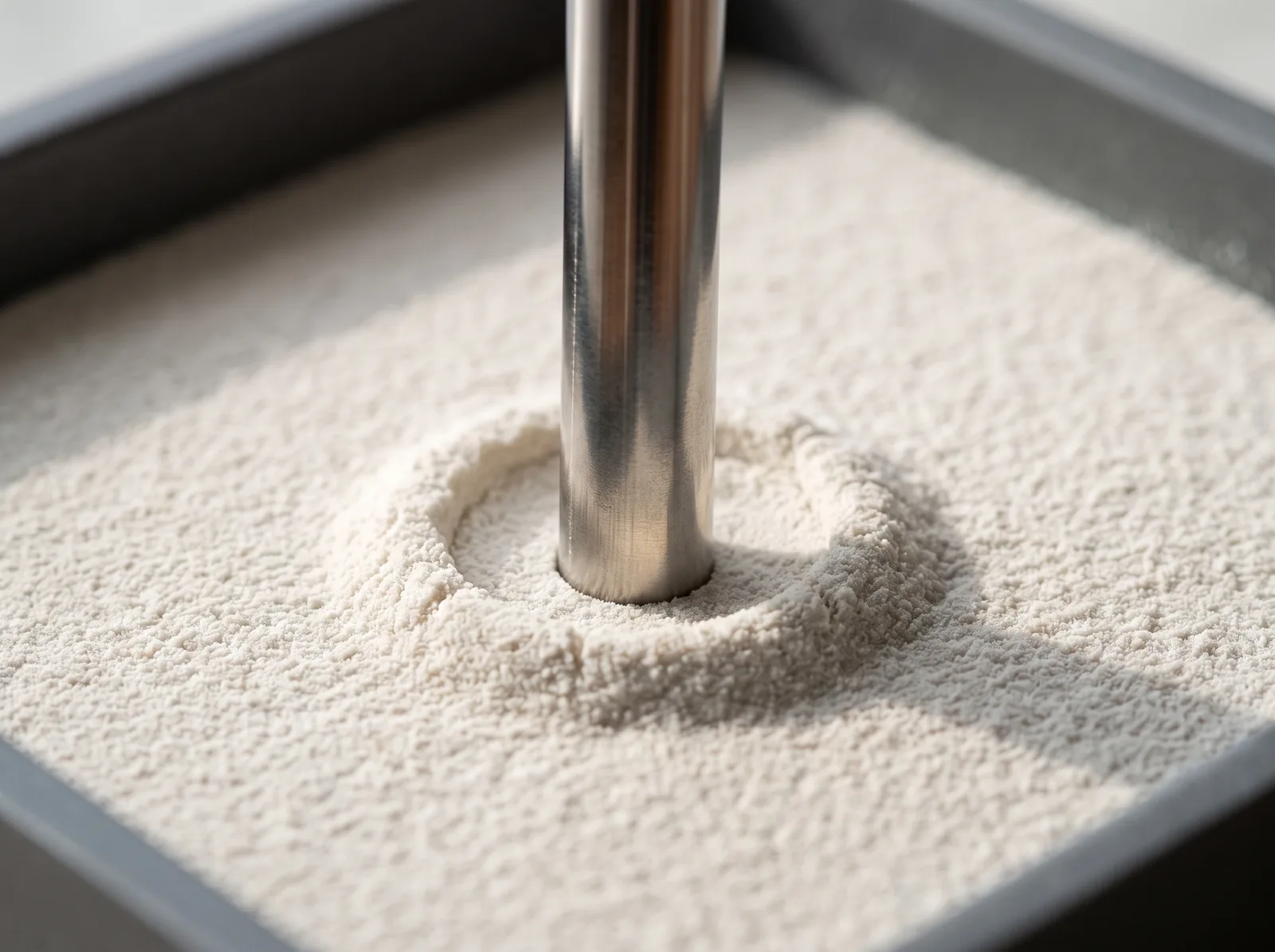 A flat-ended steel pin pressing into a level bed of powder.