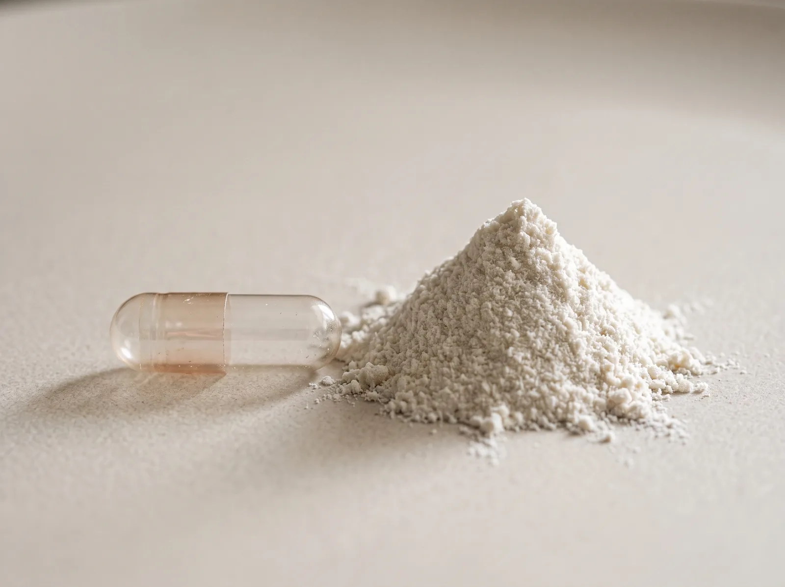 A heap of powder beside a closed capsule, with the heap visibly larger than the capsule.