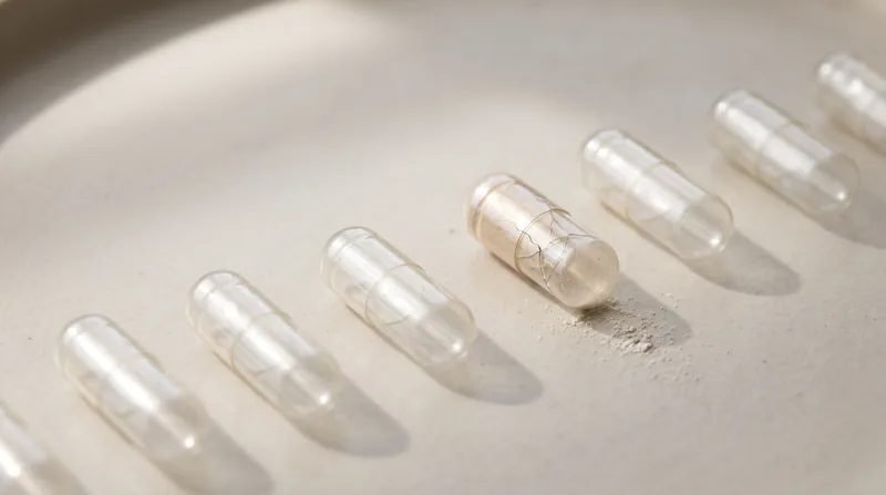 A cracked, powder-filled capsule spilling powder among intact clear capsules.