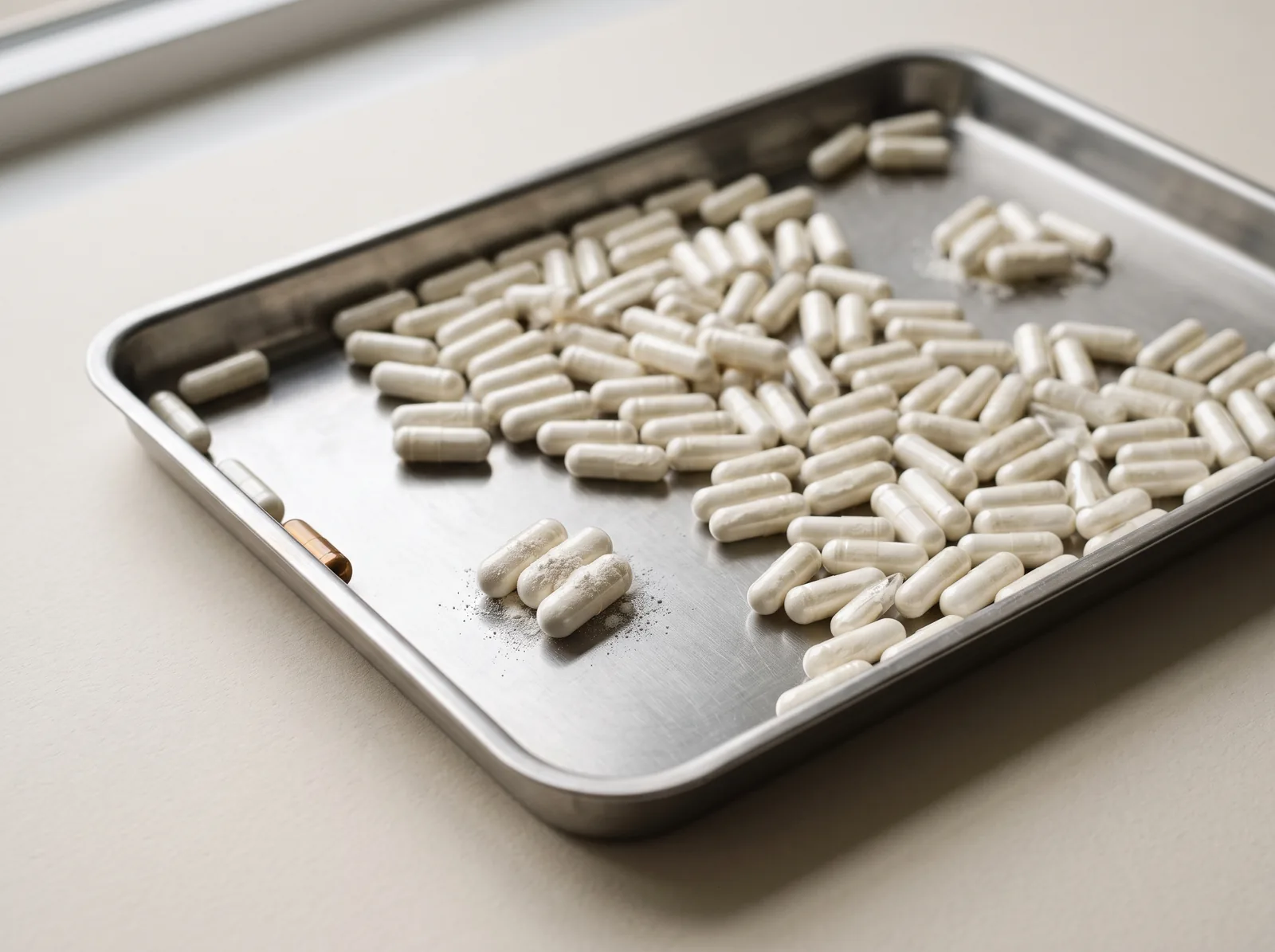 Filled pale capsules stuck together in small groups on a stainless-steel tray.