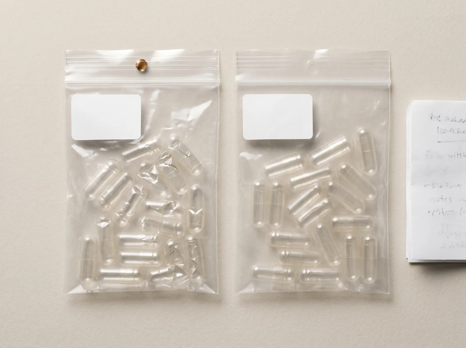 Two clear sample bags of capsules beside paperwork.