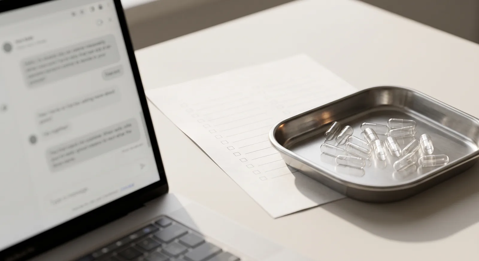 A laptop beside paper notes and a tray of clear empty capsules.
