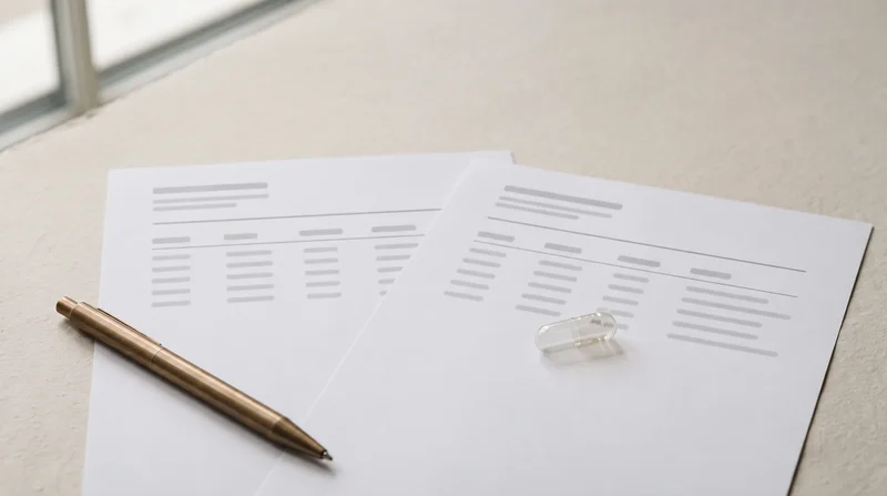 Two documents, a pen and a clear empty capsule on a desk.