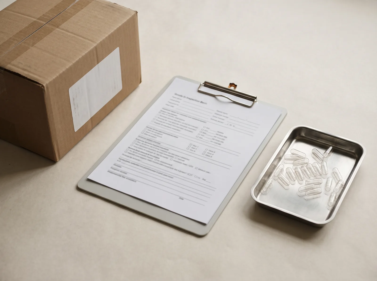 A capsule carton, inspection paperwork on a clipboard and a tray of clear capsules.