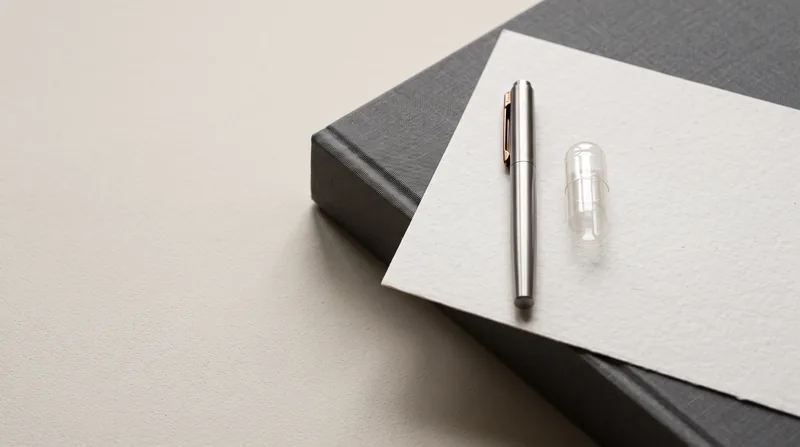 A pen and a clear empty capsule on a blank sheet above a closed folder.