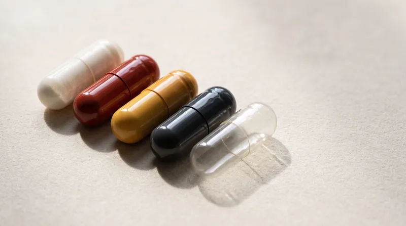 Five capsules with different colors and levels of opacity.