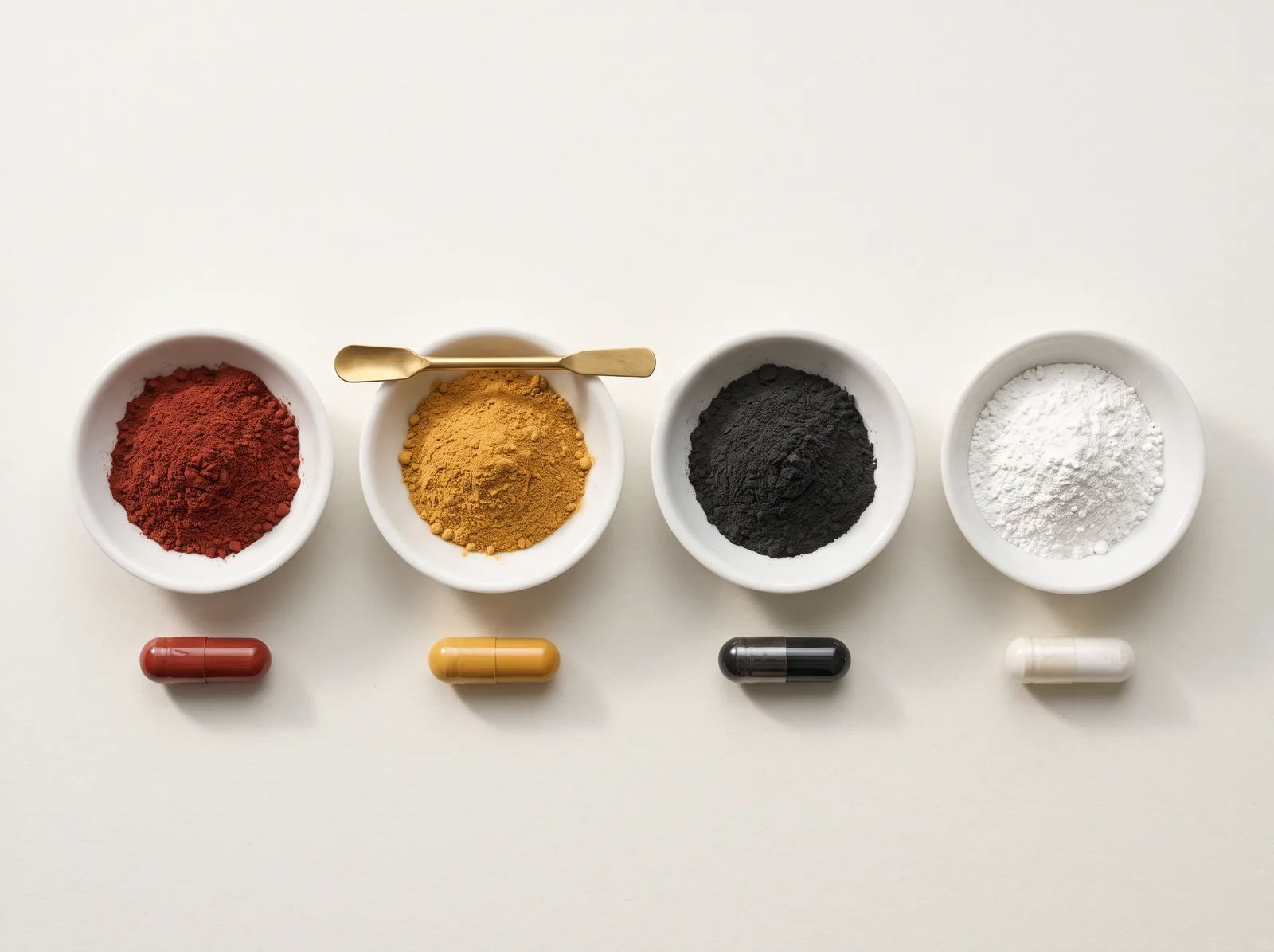 Four dishes of coloured powders beside matching capsules.