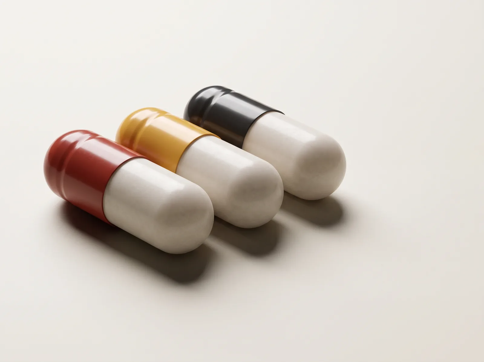 Three two-tone capsules share an off-white body and have different cap colours.
