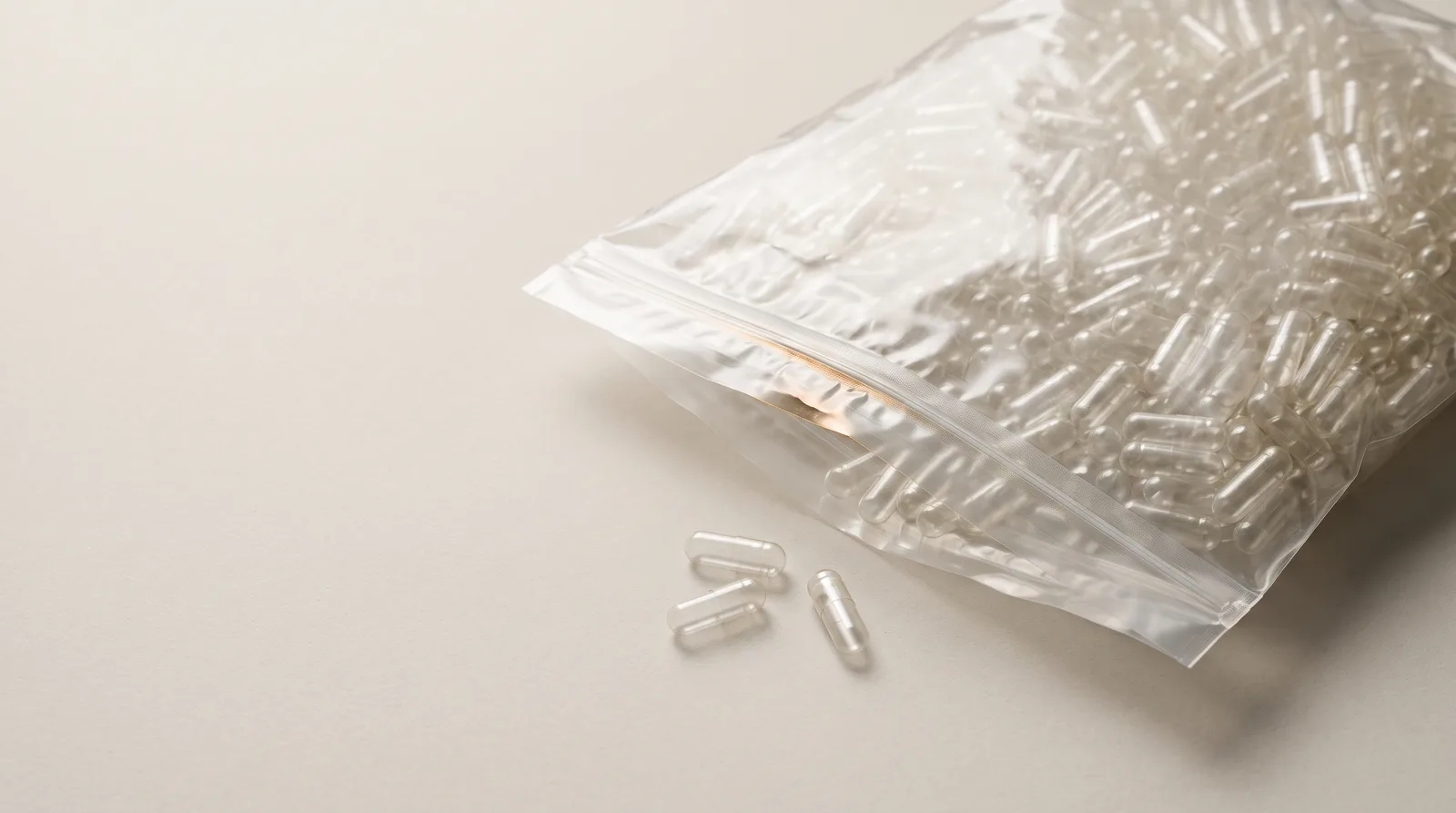 Empty capsules inside a sealed transparent liner, with loose capsules beside it.