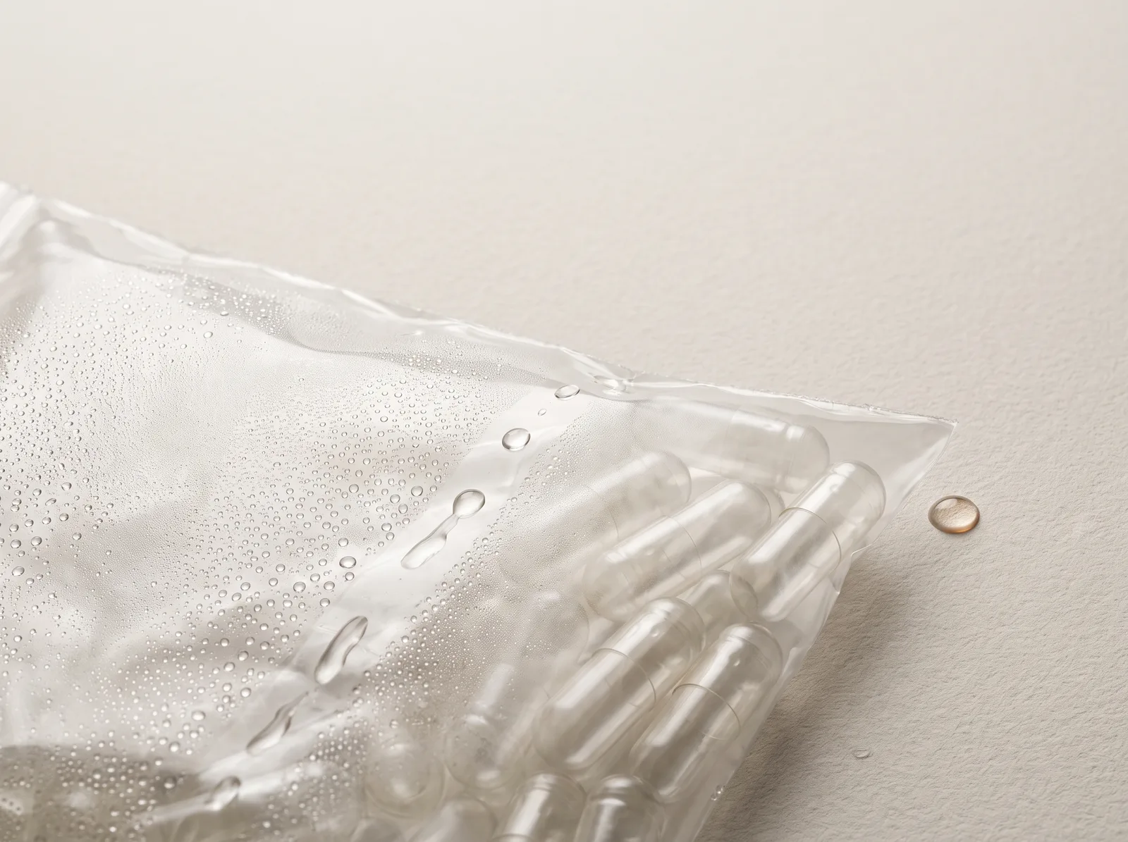 Water droplets on the outside of a transparent capsule liner.