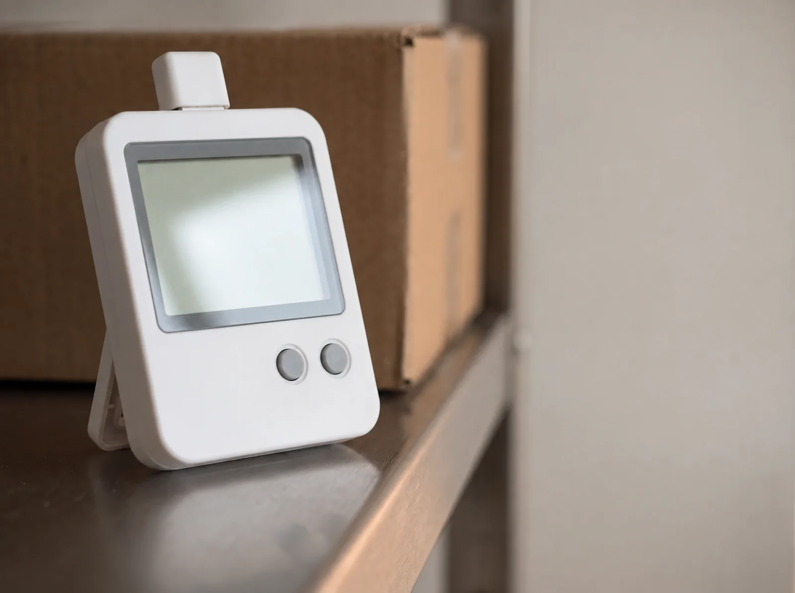 A temperature and humidity monitor on a shelf beside capsule cartons.