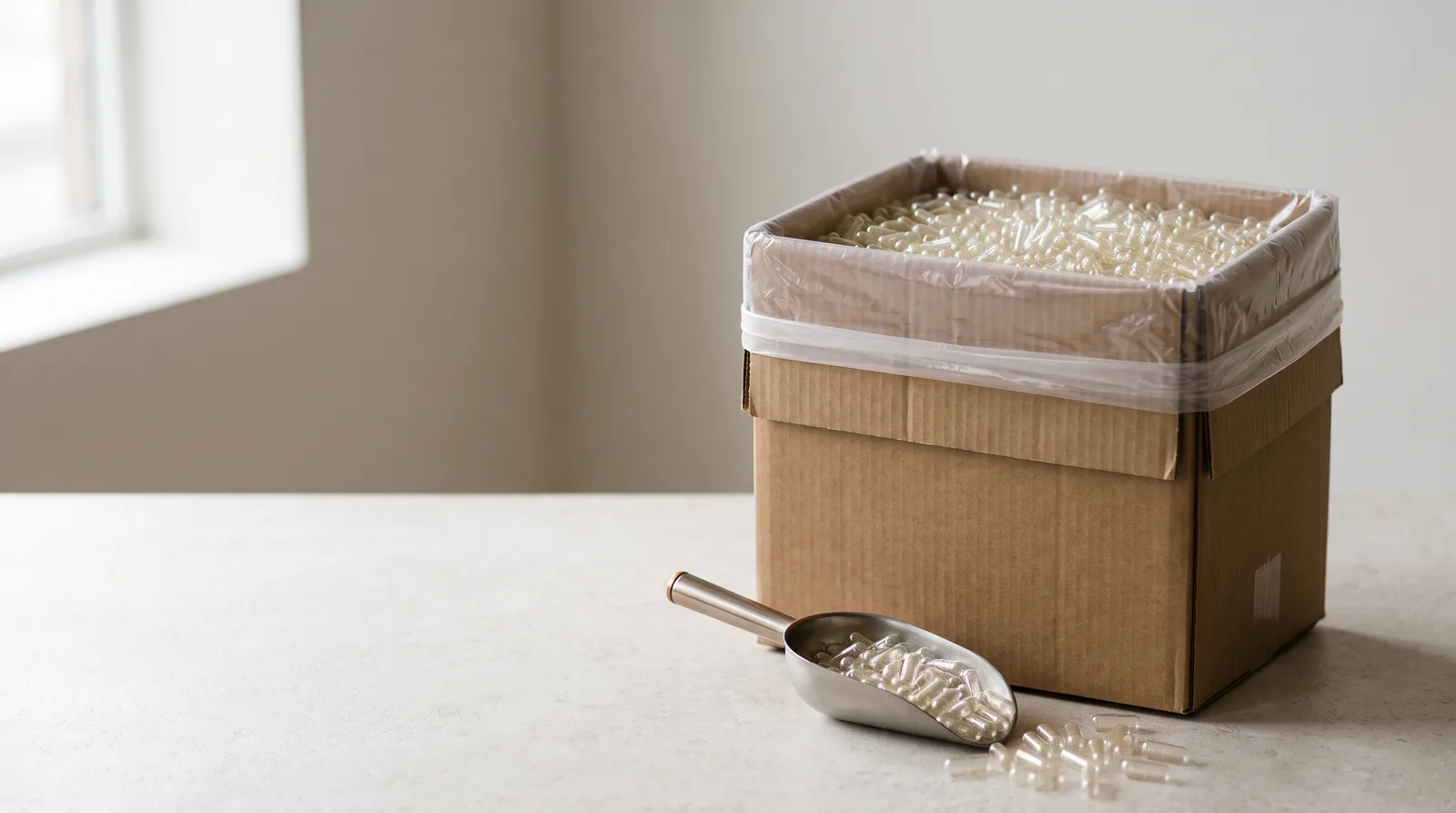 One lined carton filled with empty capsules, with a scoop beside it.
