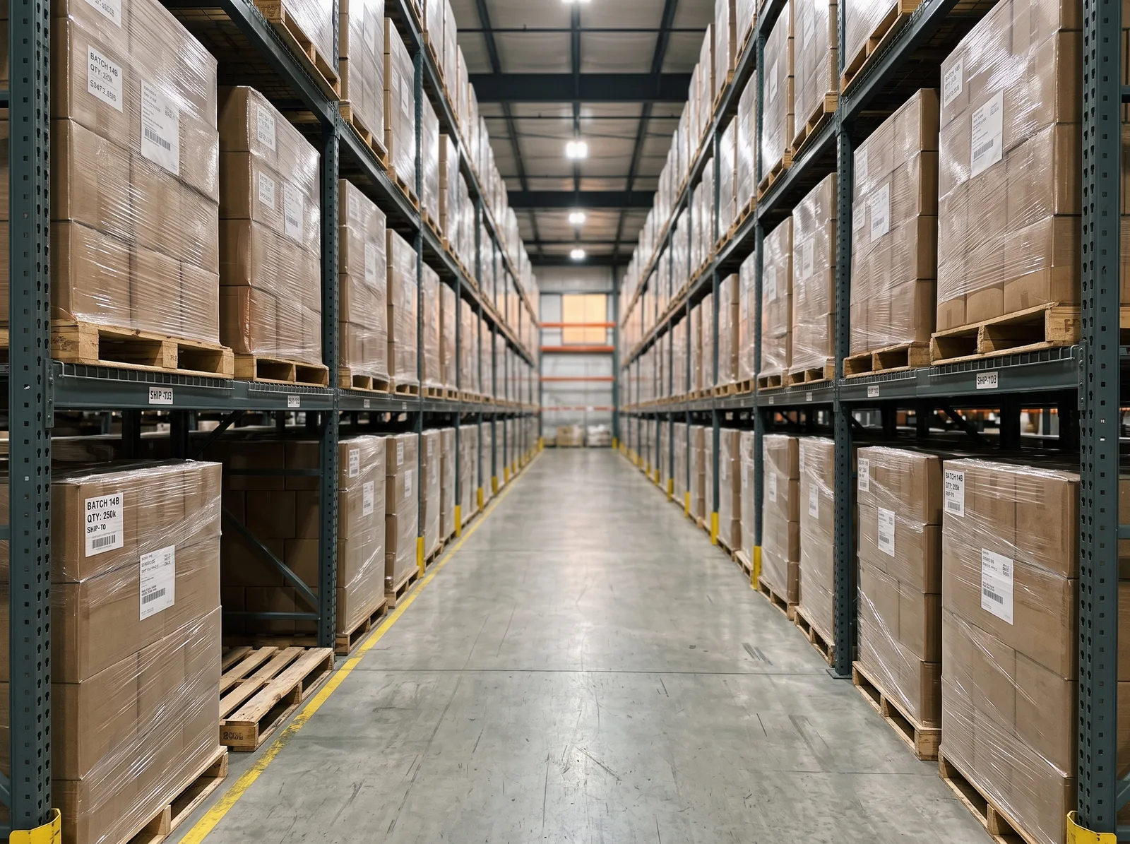 A warehouse aisle with cartons on pallet racking.