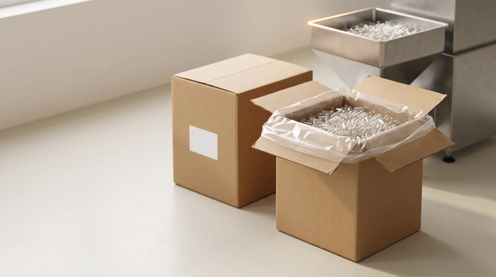 Two cartons of empty capsules beside a filling-line hopper.