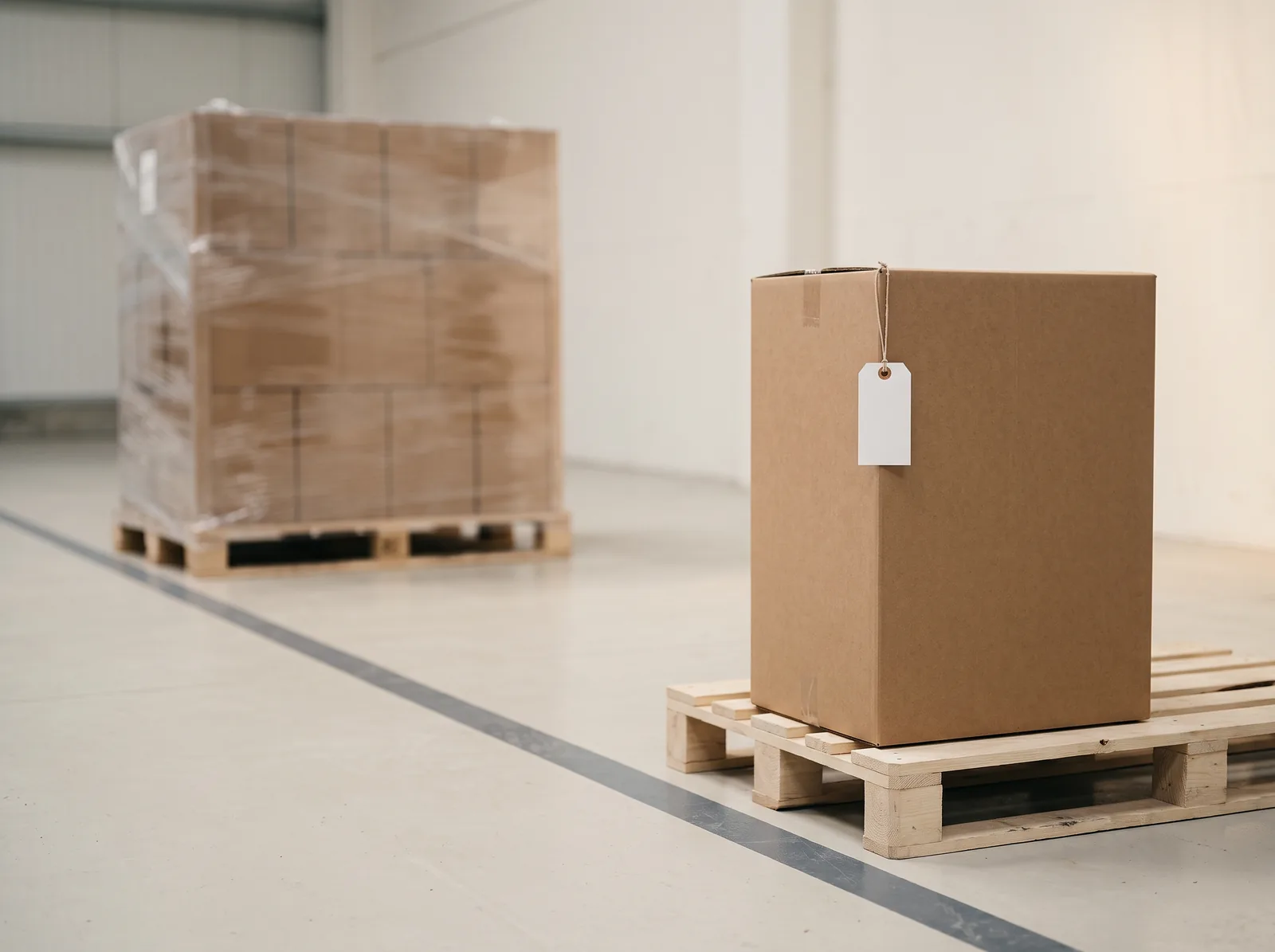 One tagged trial carton on a pallet, apart from a larger wrapped shipment.