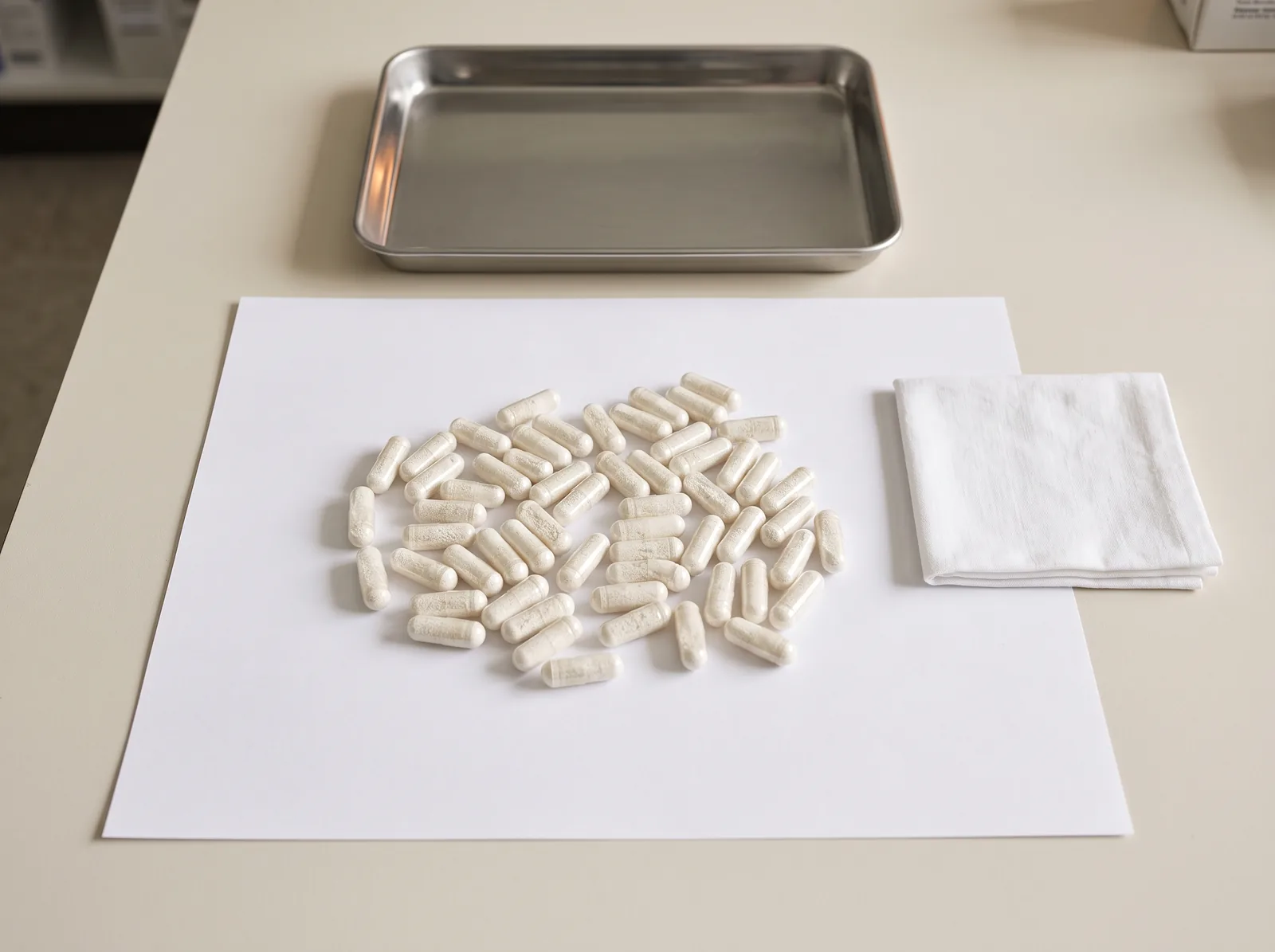 Filled capsules spread on white paper beside a steel tray and a clean cloth.