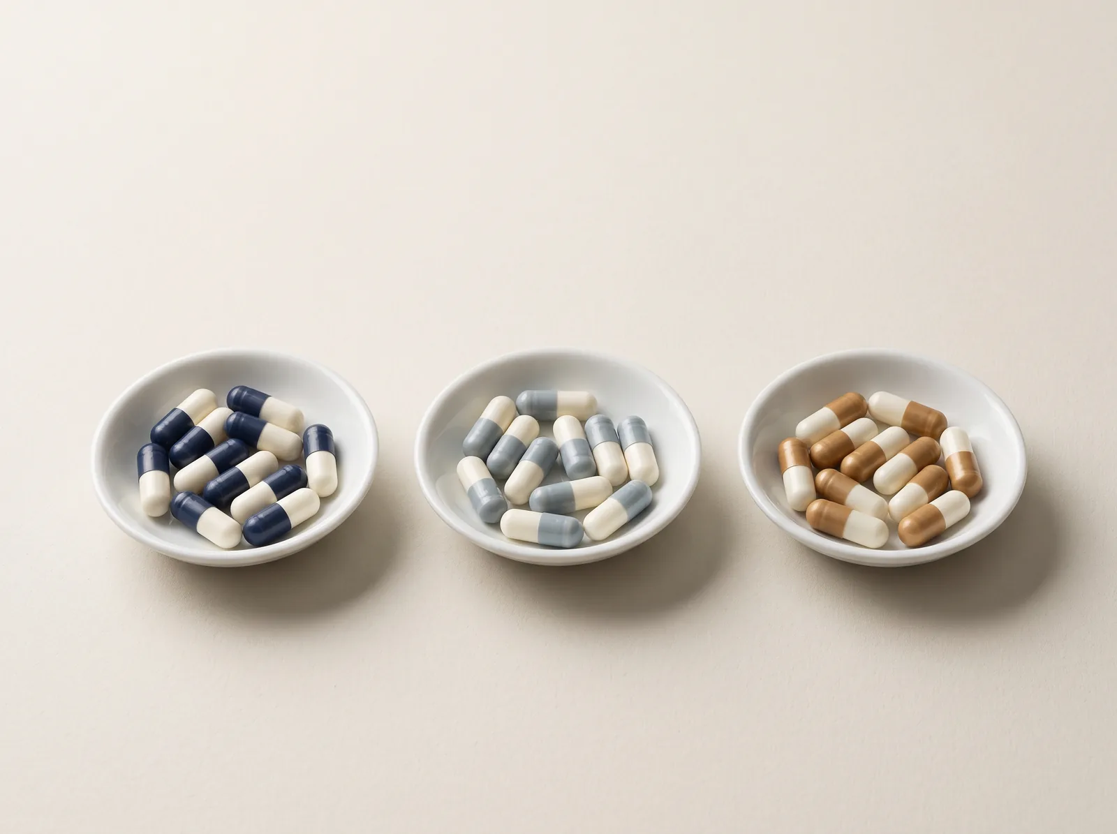 Three dishes hold capsules with distinct blue, pale and brown colour combinations.