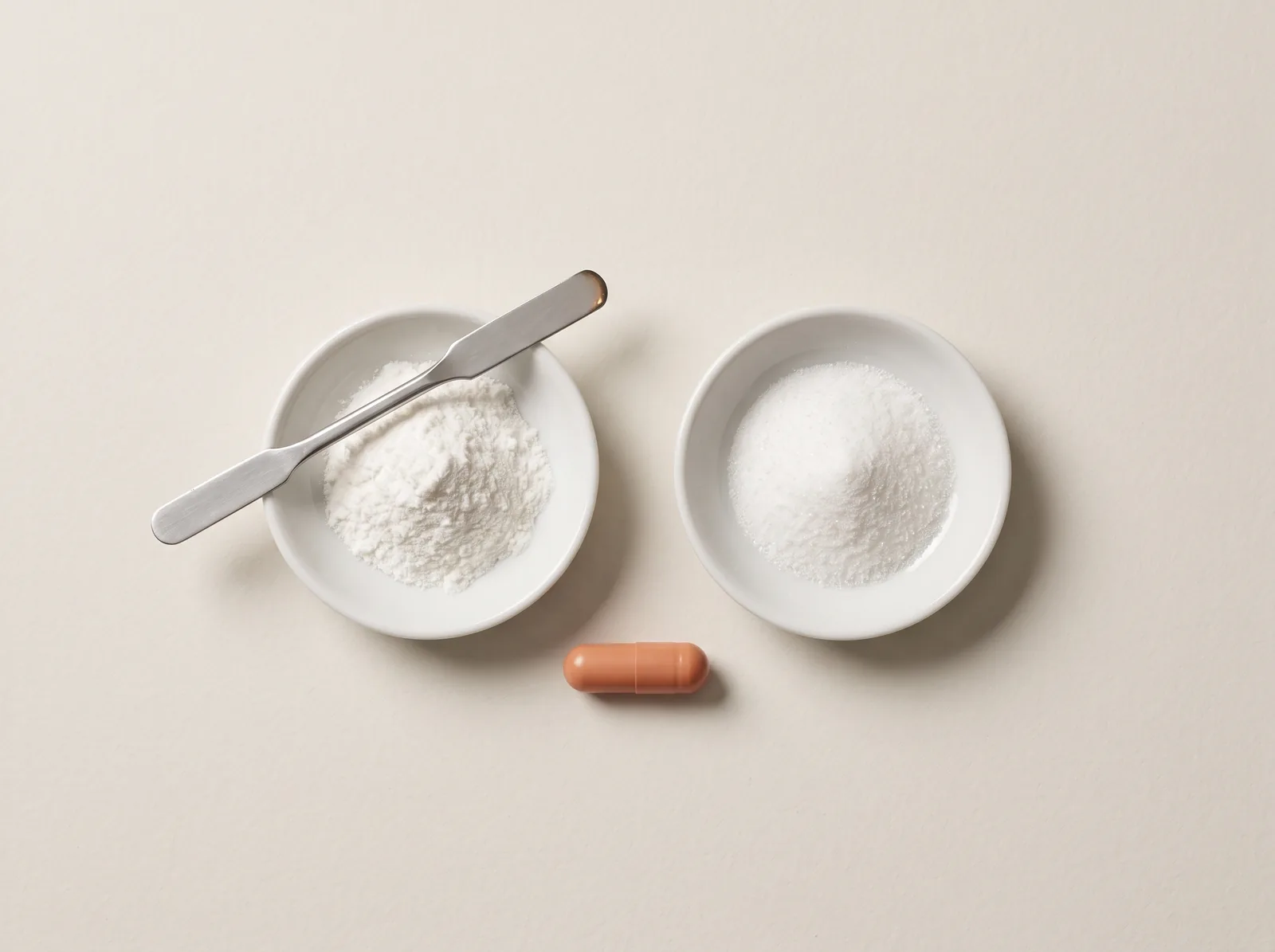 Two small dishes of white powder, a spoon and an orange capsule.