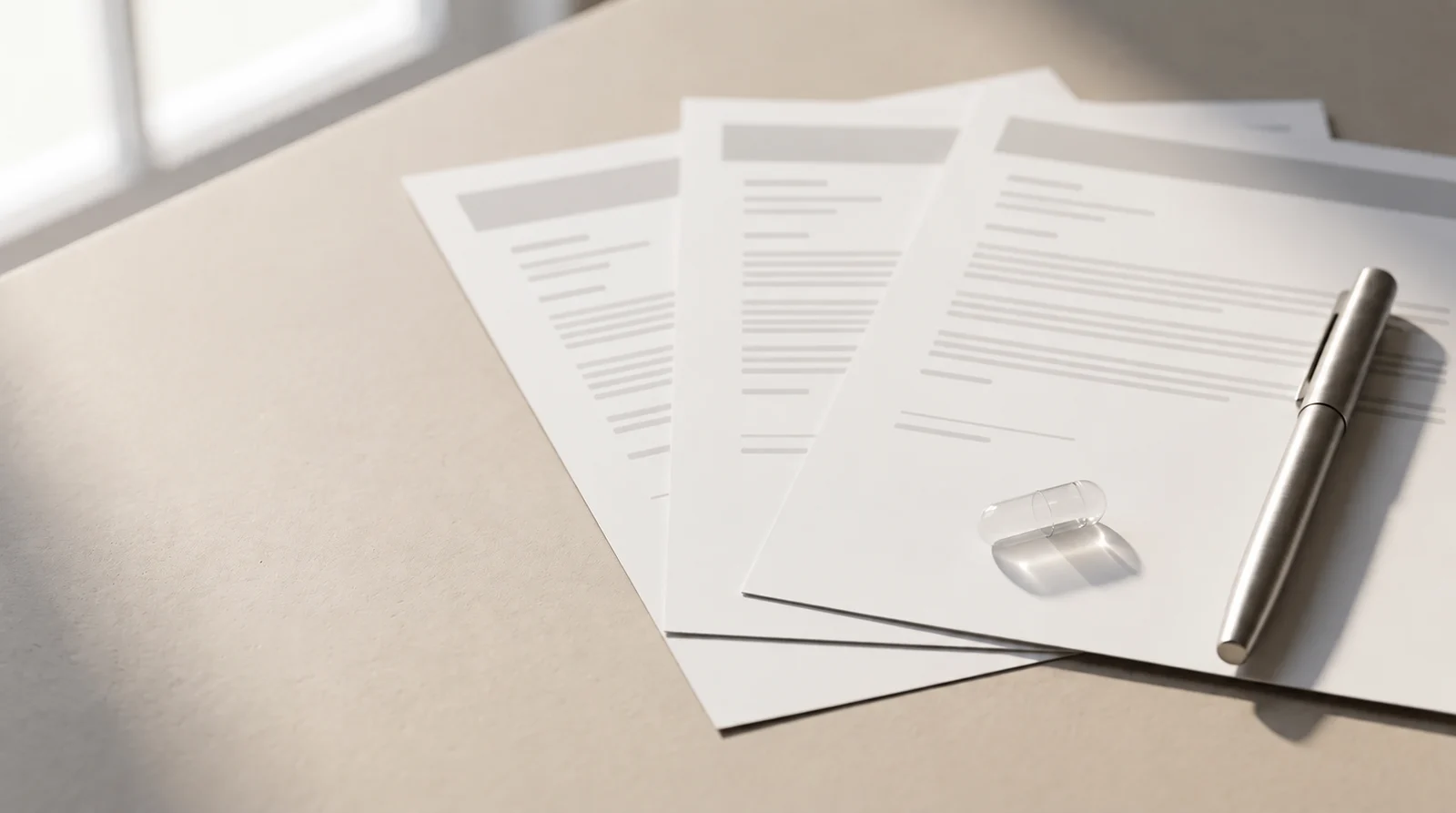 A clear empty capsule and a pen on a set of documents.