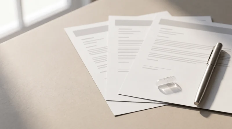 A clear empty capsule and a pen on a set of documents.