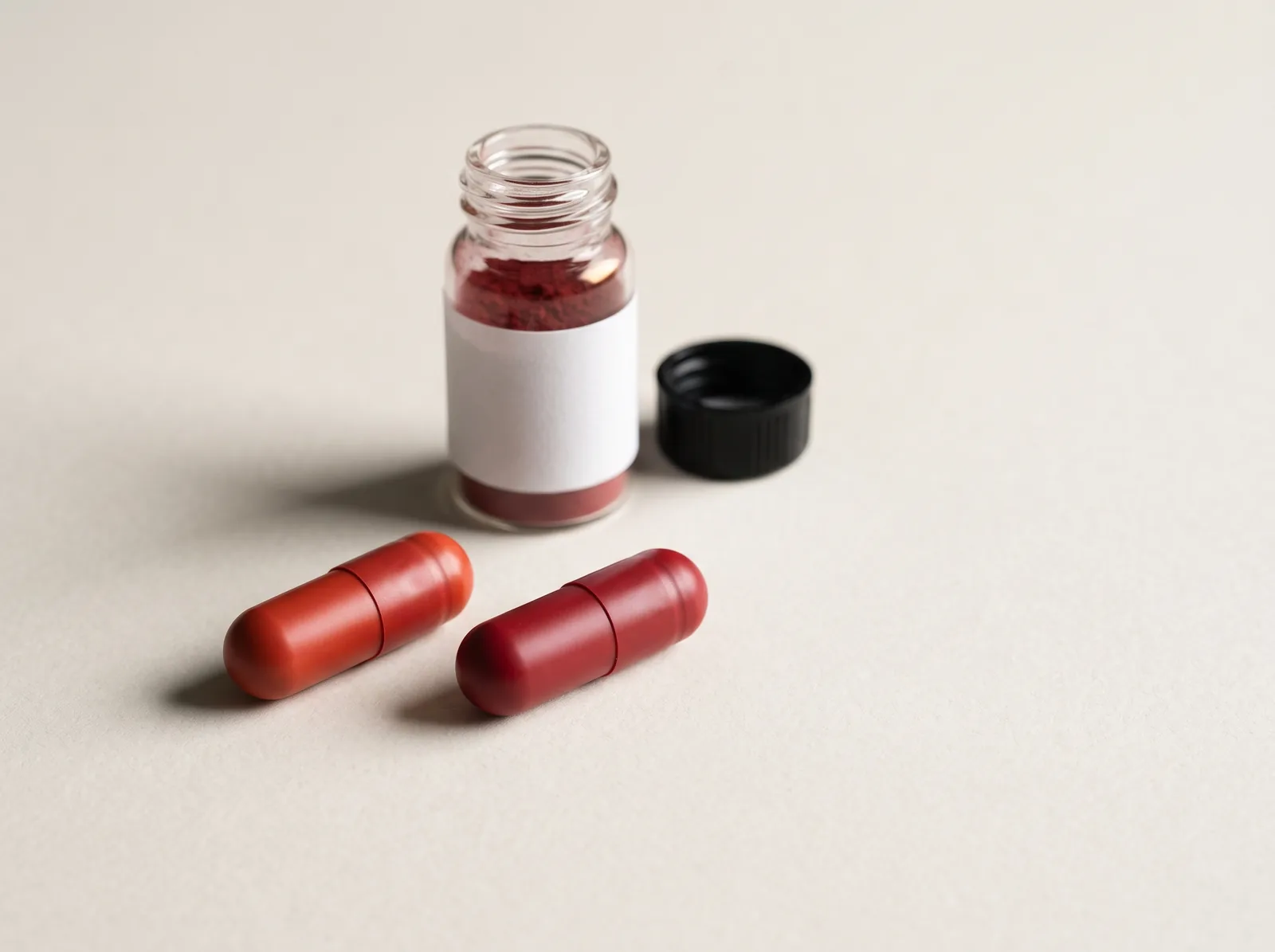 Two red capsules beside a small open bottle of red colouring material.