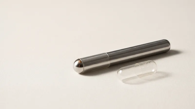 A polished steel dipping pin beside a clear empty capsule shell.