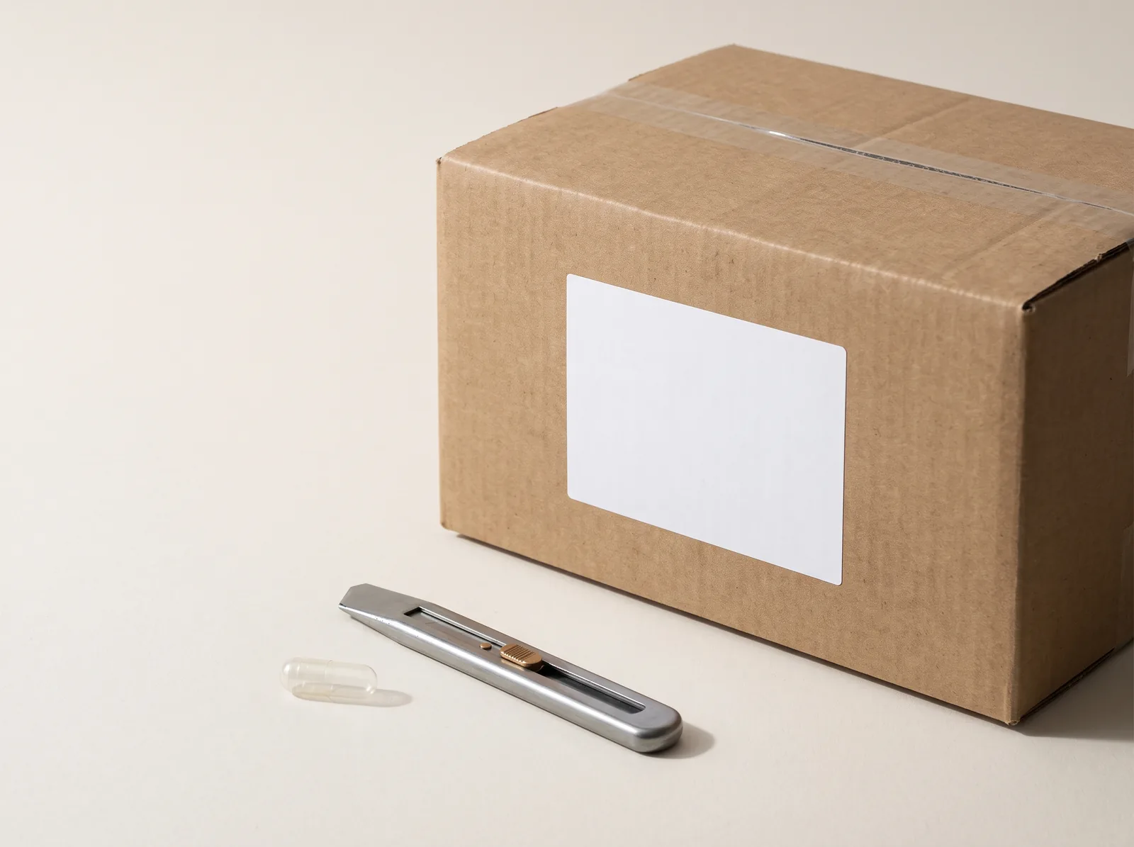 A closed cardboard carton with a blank white label beside a utility knife.