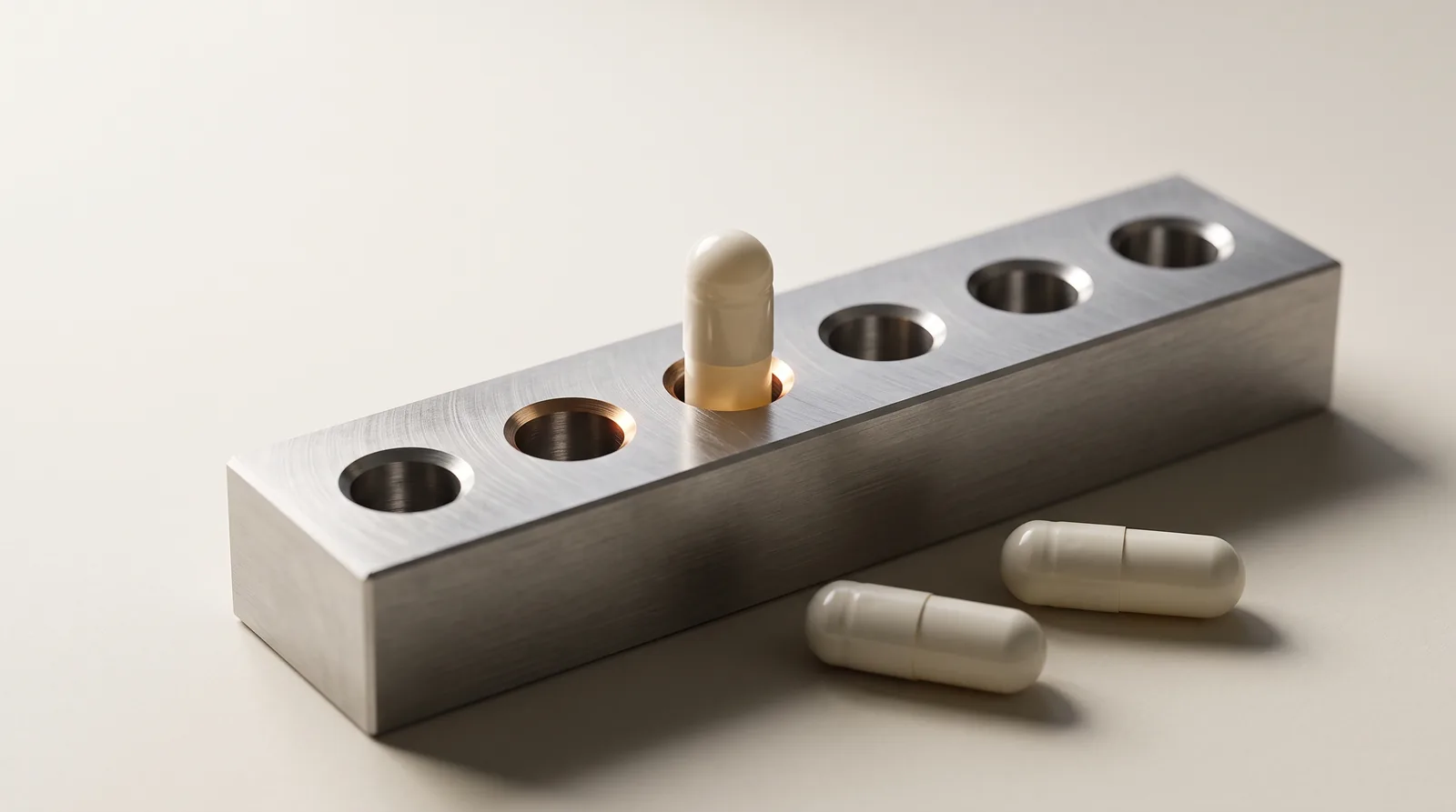 An open capsule body seated in a metal tooling bore, with a closed capsule alongside.