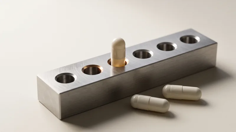 An open capsule body seated in a metal tooling bore, with a closed capsule alongside.