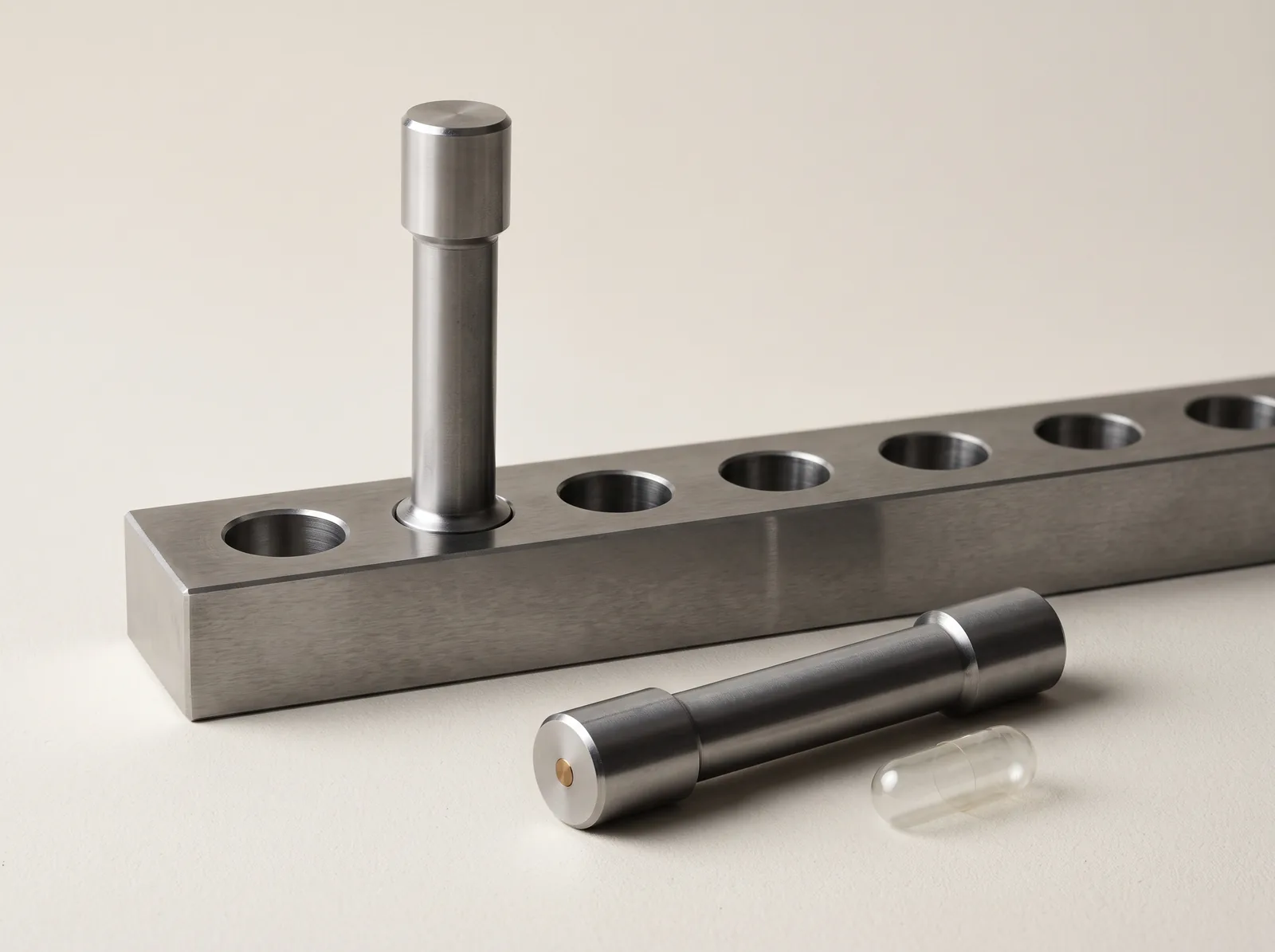 A plug gauge seated in a metal tooling bore, with gauges laid beside the block.