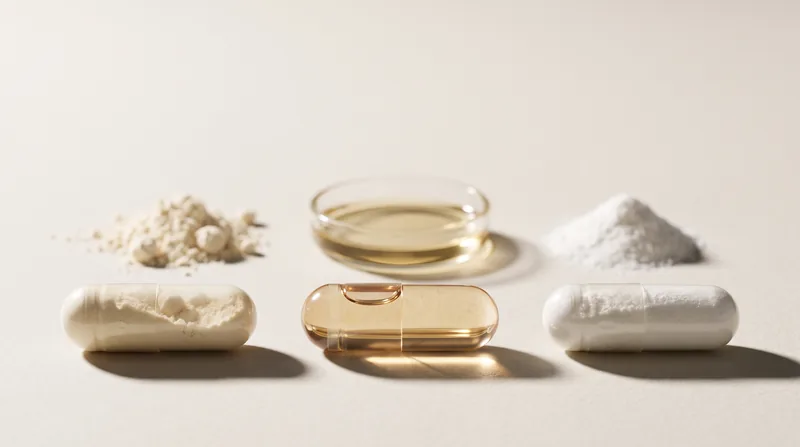 Open capsule bodies hold a coarse powder, golden oil and fine powder, with matching loose fills behind them.