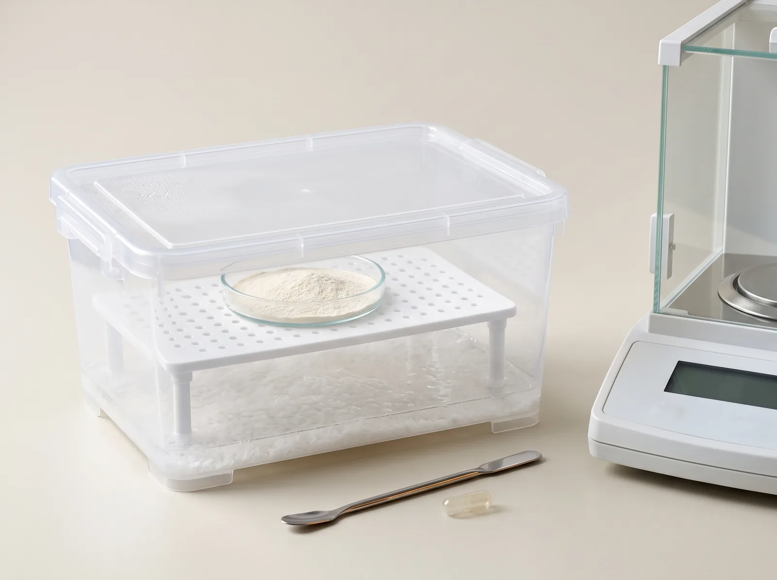 An open sample dish in a clear storage box beside an analytical balance.