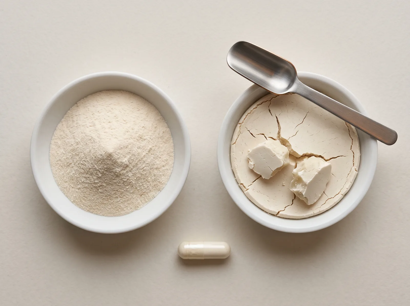 Two dishes compare loose powder with clumped powder, beside a scoop and a capsule.